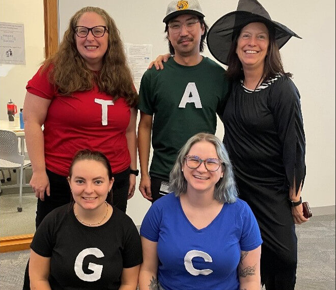 Five people dressed for Halloween