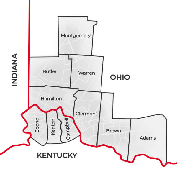 Our Catchment Area includes 10 counties: Montgomery, Butler, Warren, Hamilton, Clermont, Brown, Adams, Boone, Kenton & Campbell.