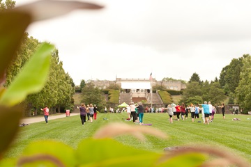 group of people performing tai chi in a park