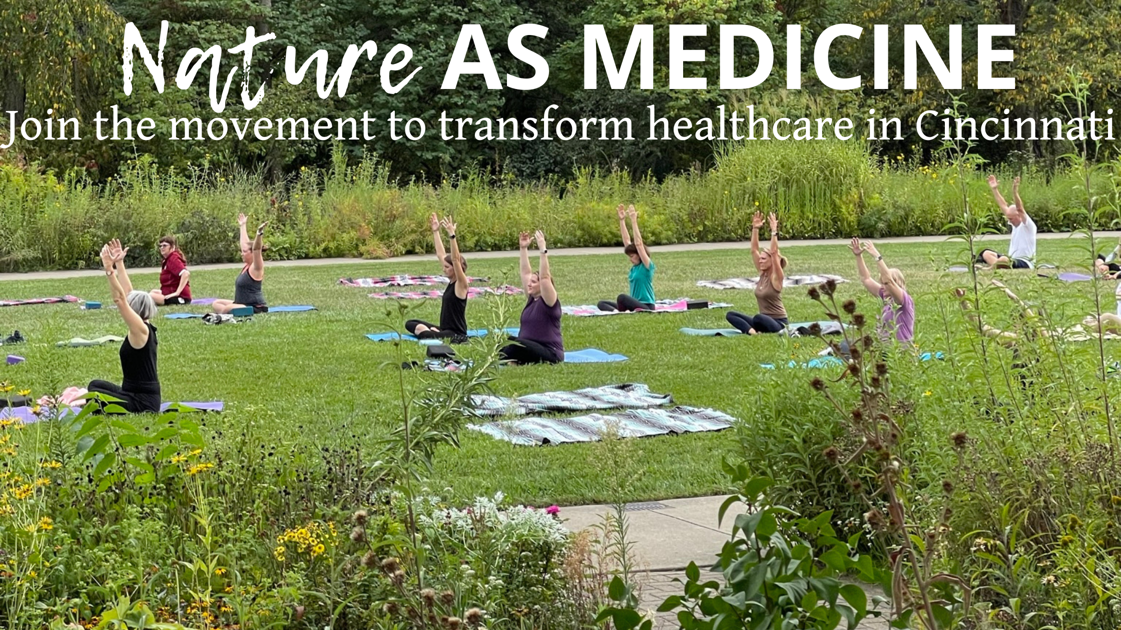 Email Banners - 2023-11-08T103548.445 a group of people in a park doing yoga on yoga mats with the text nature as medicine join the movement to transform healthcare in cincinnati