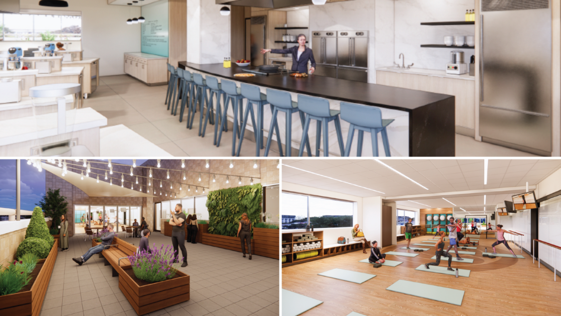 Blood Cancer Healing Center Renderings renderings of new community learning kitchen and mind-body wellness spaces