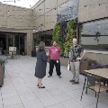Three people standing on the rooftop garden preparing for tai chi