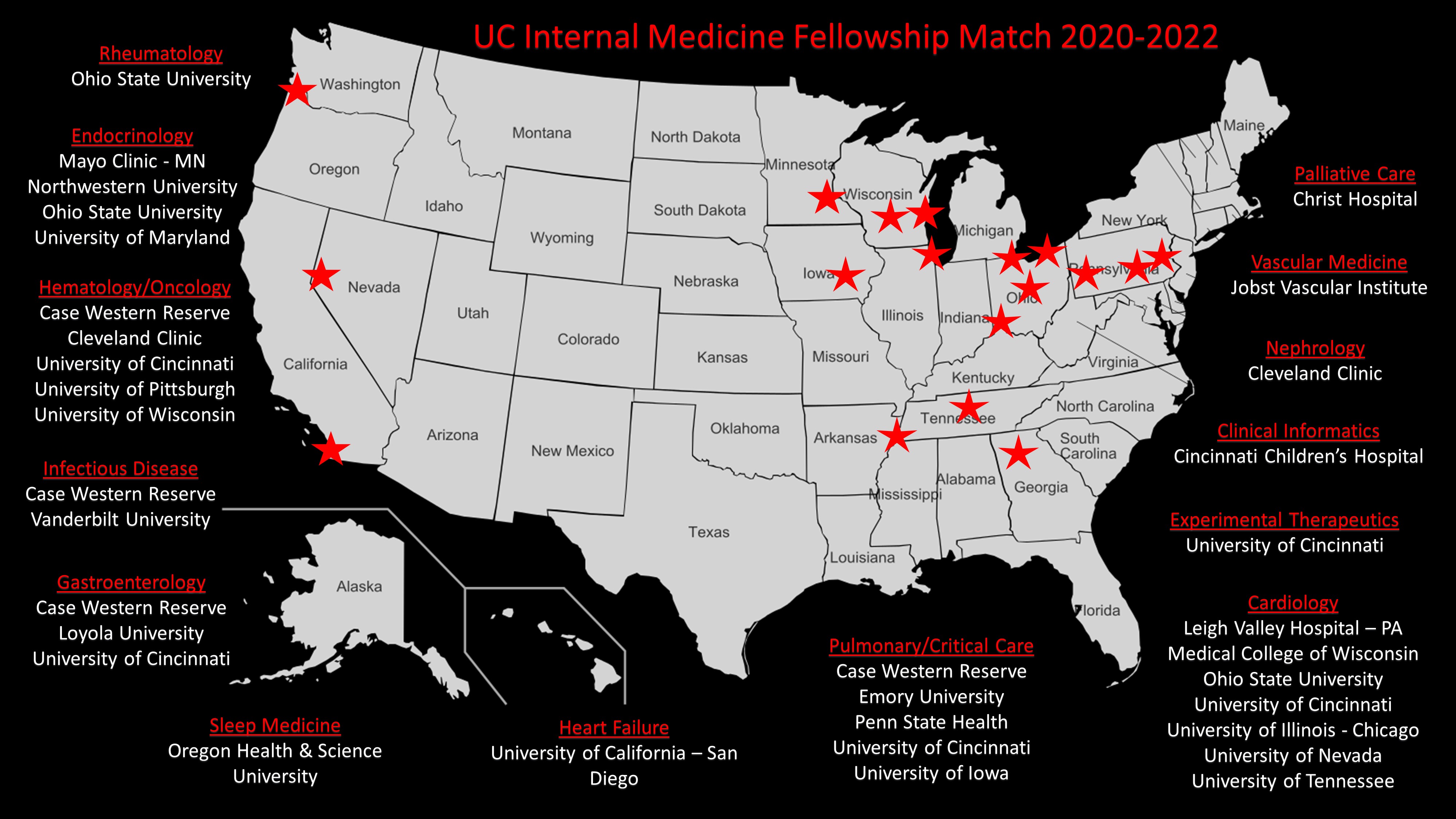 FellowshipMatchMap2020_22 Map Showing University of Cincinnati Resident Fellowship Matches 2020-22